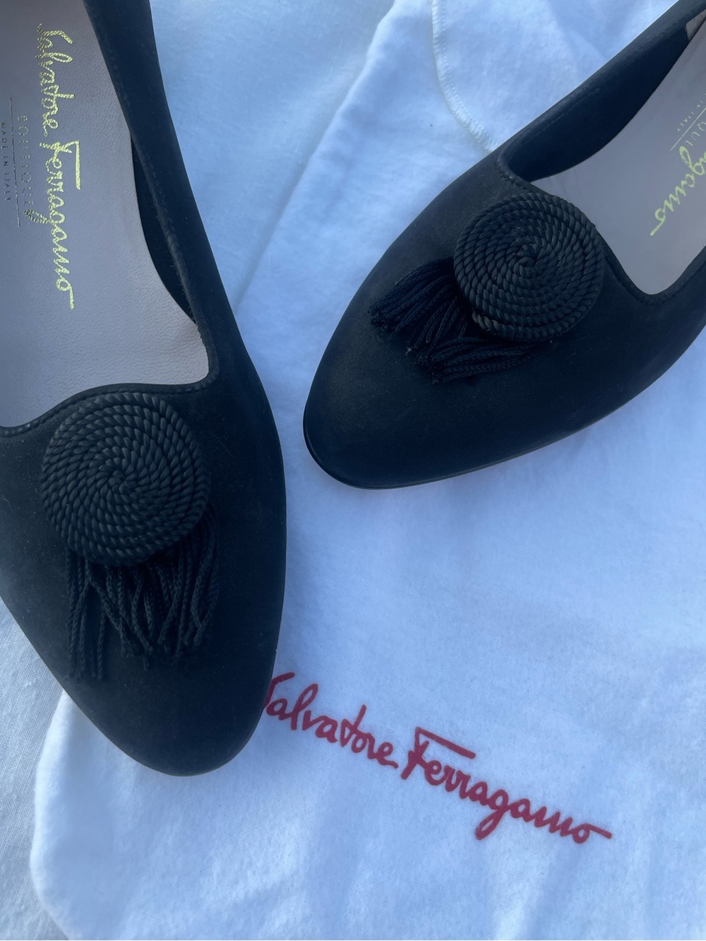 Ferragamo Black Suede Pointed Toe Tassel Ballet Flats Size 6.5